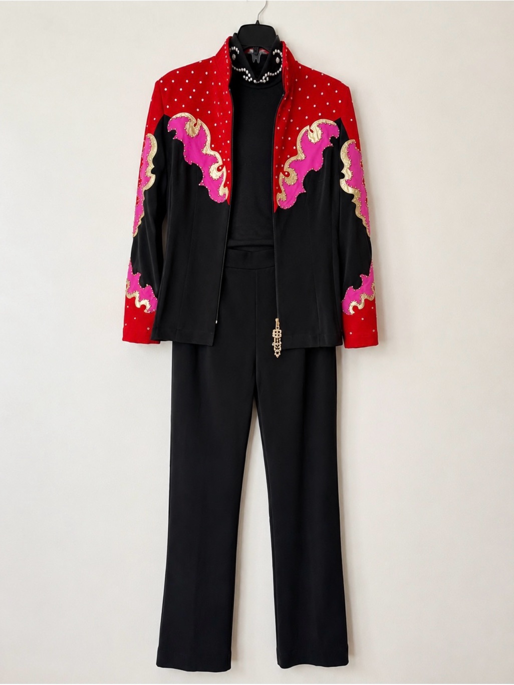 Western Show 3 Pc Set Black Wide-Leg Pants With Red Pink Black Long Sleeve Top